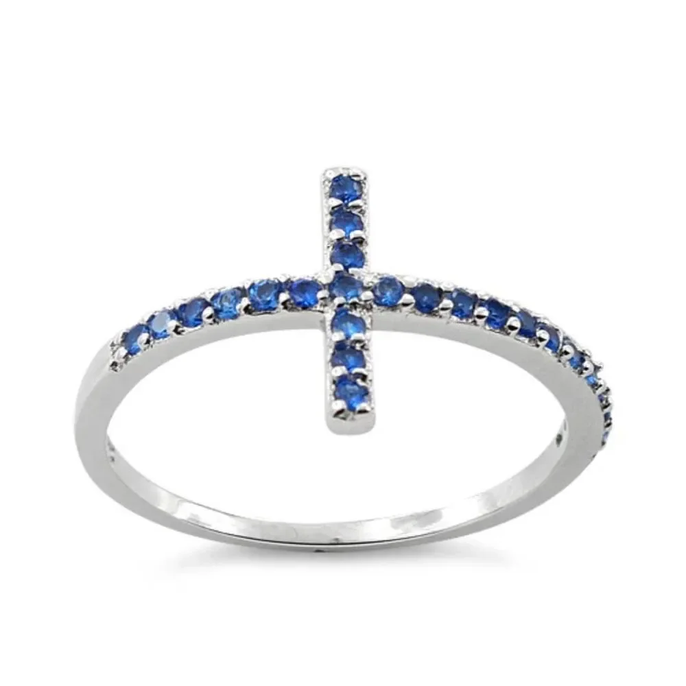 925 Sterling Silver Cross Ring Blue Sapphire CZ Band Sideways Faith Jewelry NEW